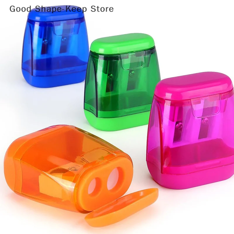 مجموعة مبراة أقلام رصاص يدوية محمولة بفتحة مزدوجة مكونة من 4 قطع مع غطاء وحاوية نجارة لأقلام الرصاص الملونة #4