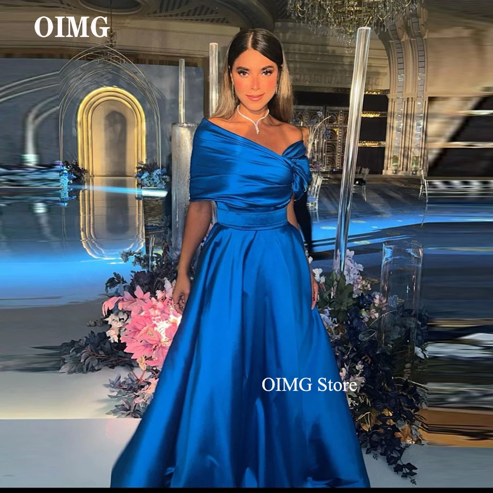 OIMG Vintage Royal Blue Satin Evening Dresses Long Robe de soiree Off the Shoulder Saudi Arabic Women Party Formal Prom Gowns