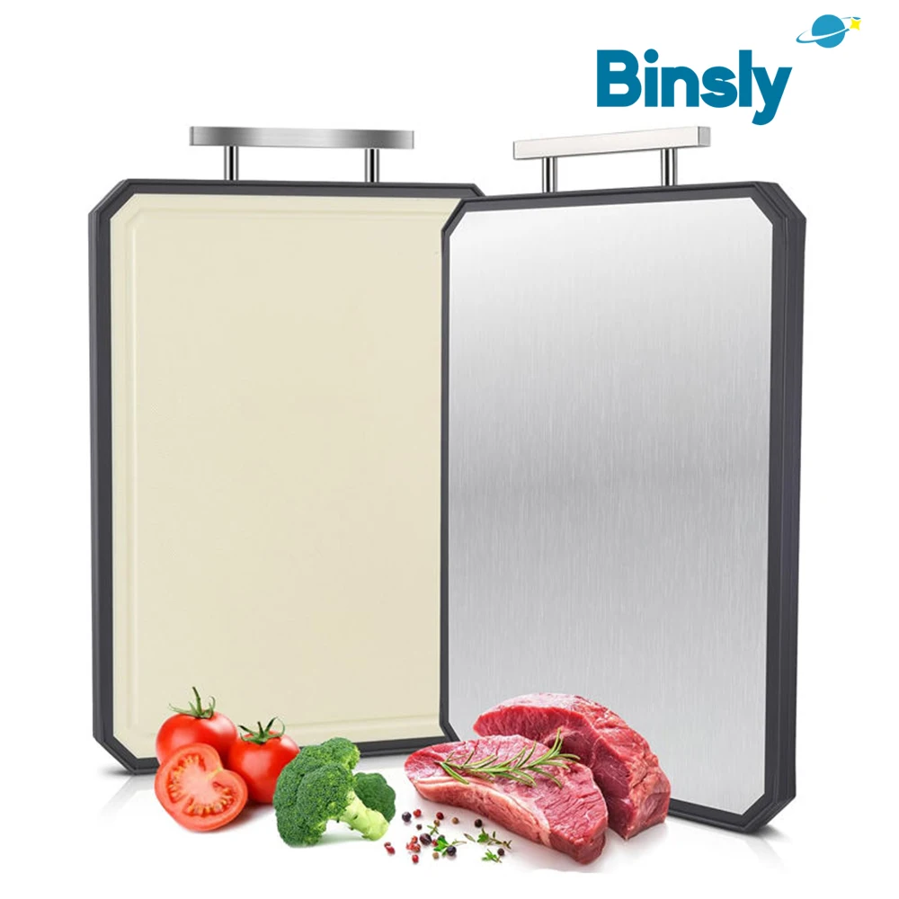 

Double Sided Kitchen Cutting Board Stainless Steel Wheat Straw PP Household Large Antibacterial Chopping Board With Handle
