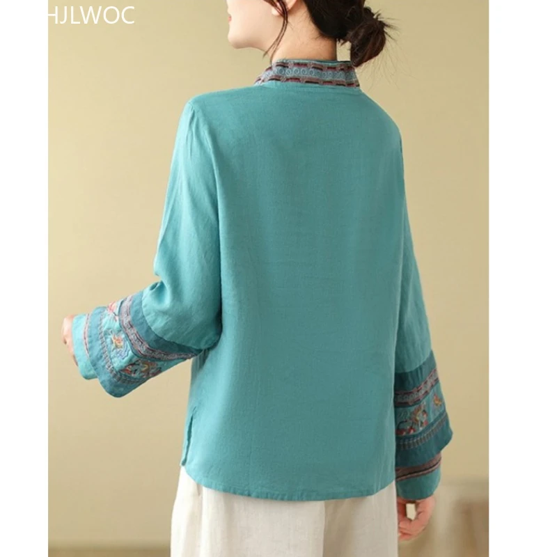 コットンリネン刺繍トップス中国風チーパオスタンドカラーデザイン 2025 秋の女性のかわいいエレガントなレトロシャツブラウスヴィンテージ