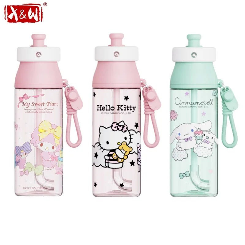 X&W Sanrio 500ML Space Cup Cartoon Hello Kitty Straw Water Bottle with Spray Port BPA-Free Juice/Milk Mug Beverage Cups for Kids