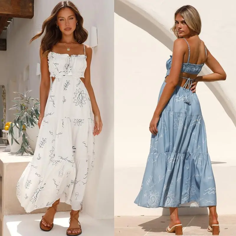 Nuevo estilo de verano, vestido largo estampado con una sola correa en el hombro, cintura alta, estilo europeo, vestido de moda para mujer sin marca Registra...