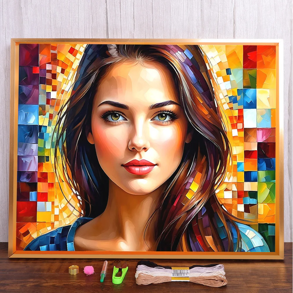 

Portrait Women Printed Canvas Cross Stitch Complete Kit Embroidery Handmade Handiwork Sewing Hobby Jewelry Design Room Decor