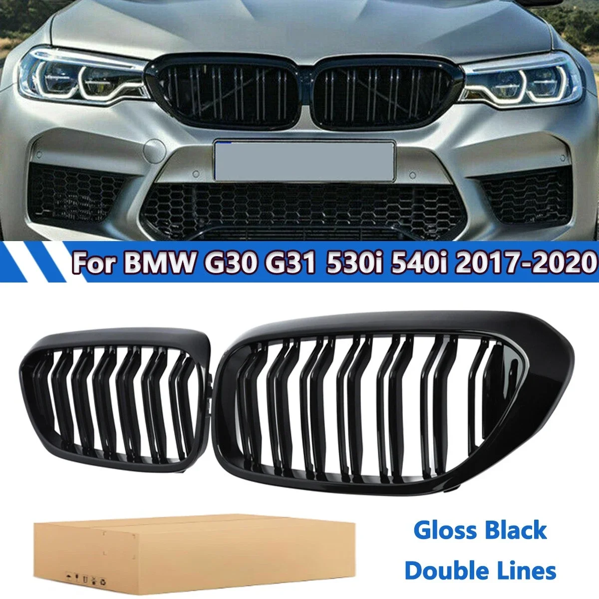 For BMW 5 Series M5 G30 G31 520i 530i 540i ABS 2-Slat Gloss Black Carbon Fibre Look Front Kidney Grille Car Front Bumper Grill