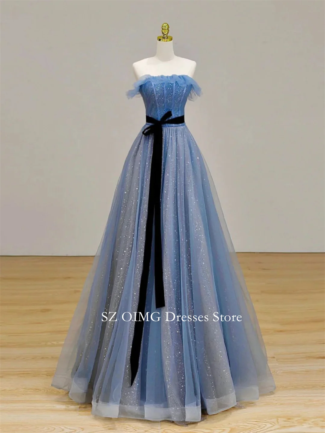 

Customized Long Prom Dress Tulle Sequin Long Blue Formal Evening Dress Sweep Train Sky Blue Formal Dress Elegant Party Dress