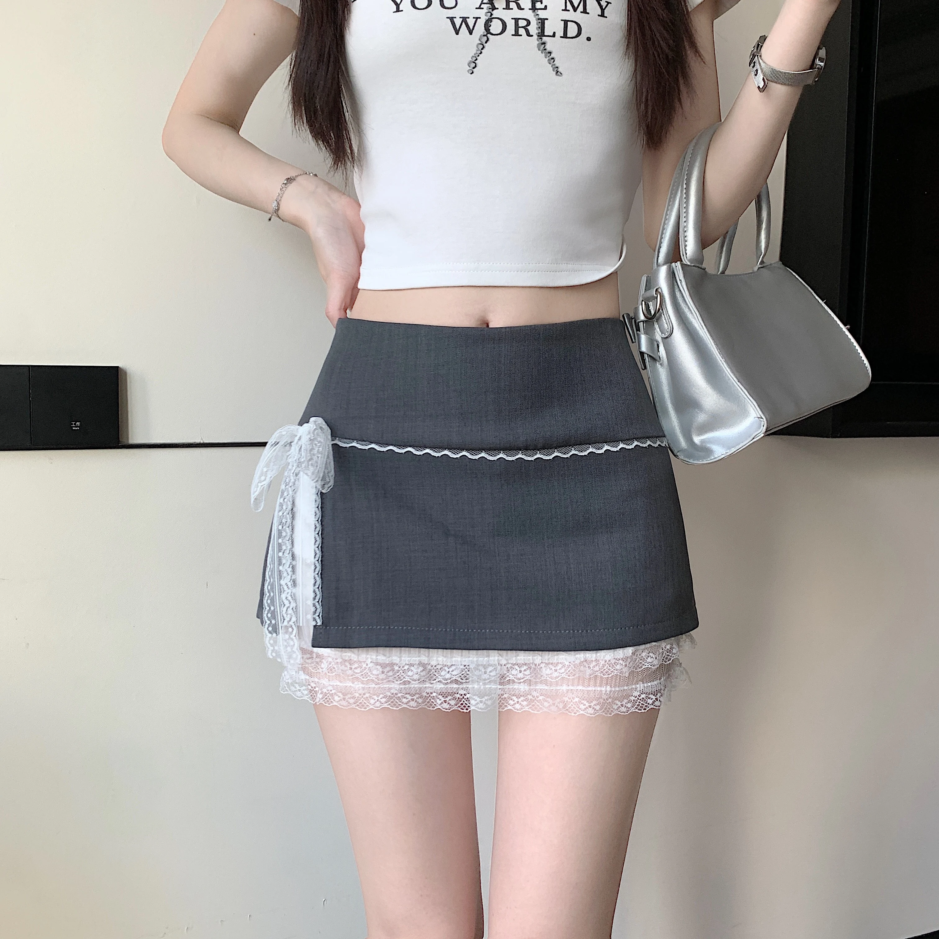 Women's Grey Casual Lace Bowknot Short Skirt Y2K Harajuku High Street 2000S Aesthetic Fashion Cute Retro Mini Skirt Clothing New