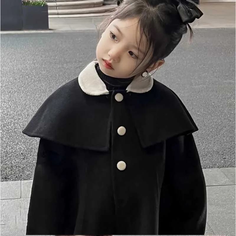 Girls\' Winter Coat New Korean Style Temperament Shawl Collar Woolen Jacket Medium Long Cardigan Children\'s Outward Clothing