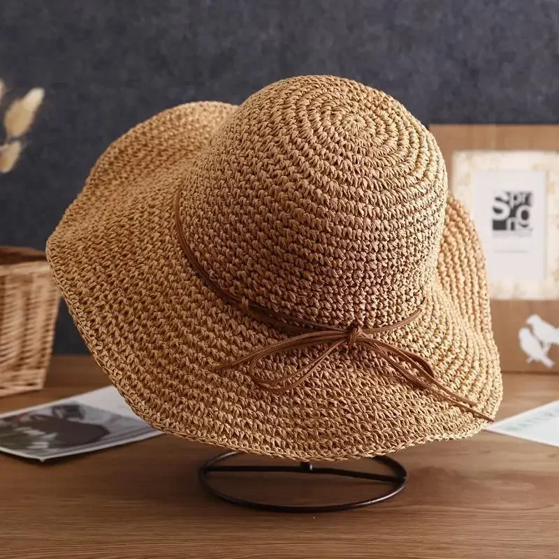 New Ladies Sun Hat for Women Bowknot Raffia Straw Cap Foldable Summer Cap Wide Brim Beach Hat Female Chapeau Femme