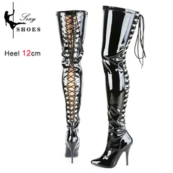 Over-the-Knee Women's Luxury Brand Leather Long Shoes Side Zipper Pointed Toe Black Stiletto Cross Thigh High Boots Plus Size 46