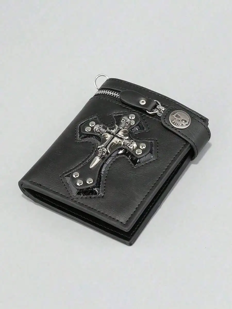 

1pc New Retro Men Wallet Short Fashionable Wallet PUNK Black Skull & Cross Design Men Bifold Zipper Wallet Casual Portable Coin Wallet With Chain Card Holder Halloween For Men Wallet Purse Wallet Small Wallet Men Wallet Leather