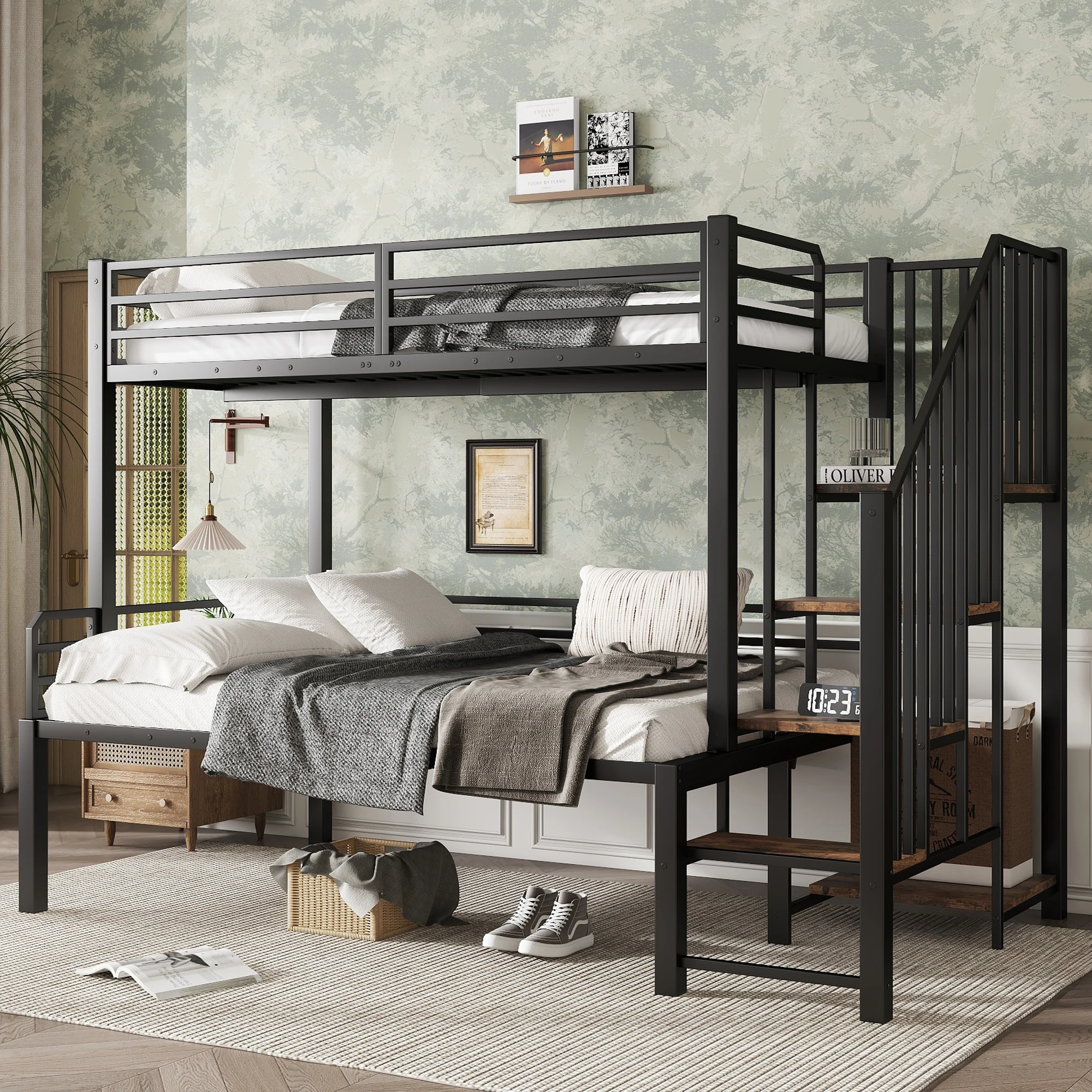PINGGO Eisen-Etagenbett für Kinder und Jugendliche mit Stauraum-Eckschrank, Eisen & MDF, Schwarz Vintage-Holz, 90x200cm 120x200cm, ohne Matratze – Detail 1