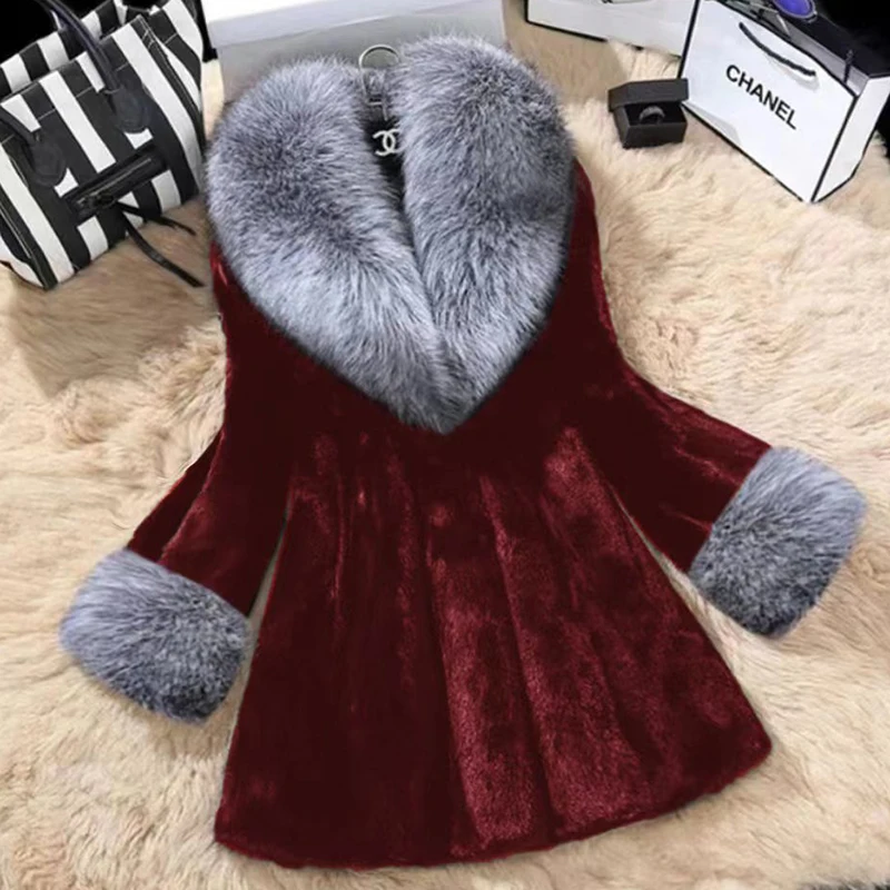 Office Lady Commute Coat Elegant Imitation Fur Hair Collar Splicing V Neck Nine-quarter Sleeves Warm FurJackets Coat For Women