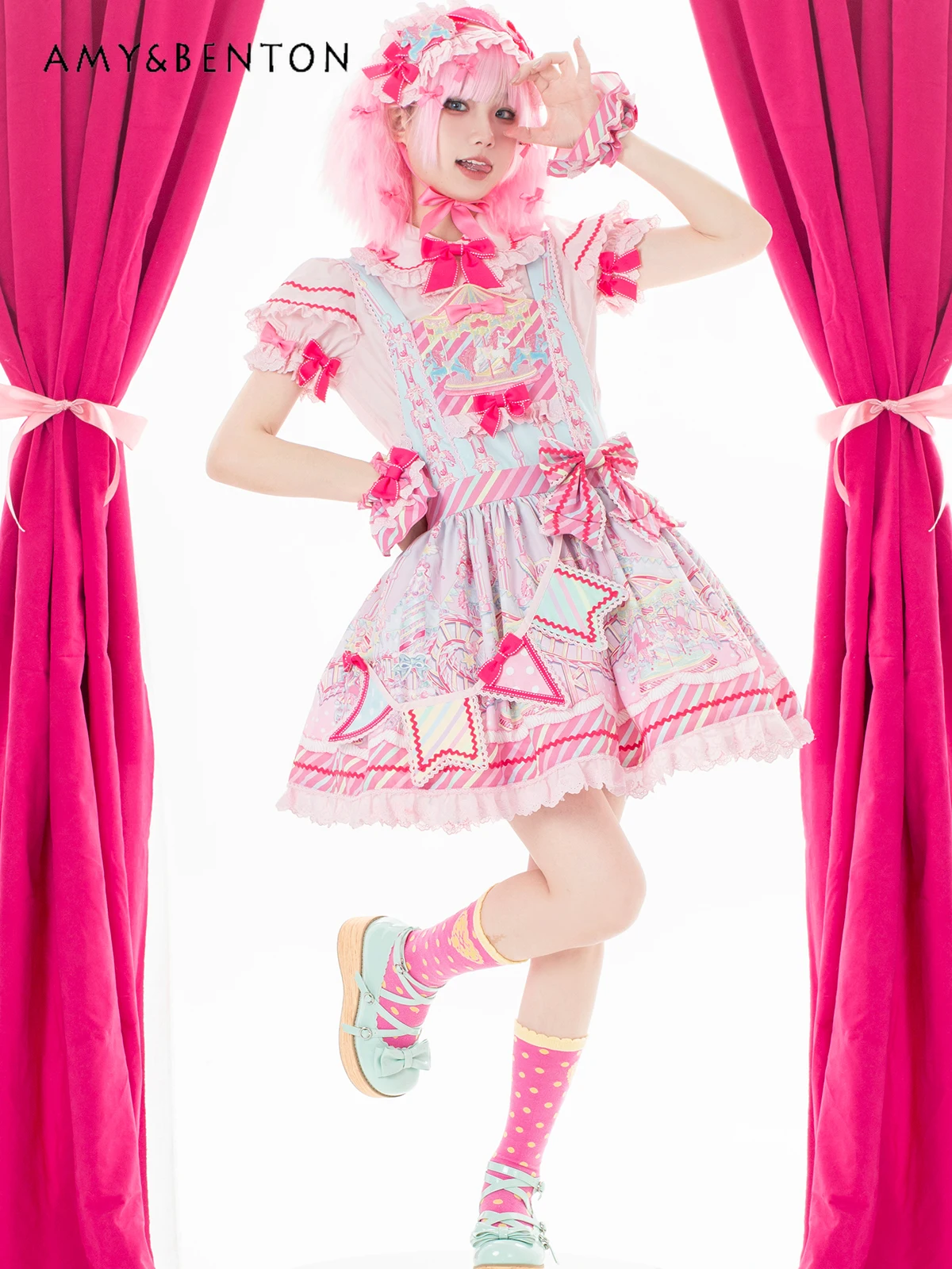 Doces parque de diversões jsk doce lolita vestidos bonito kawaii arco dos desenhos animados impresso retalhos vestido de baile fino mini vestido de verão