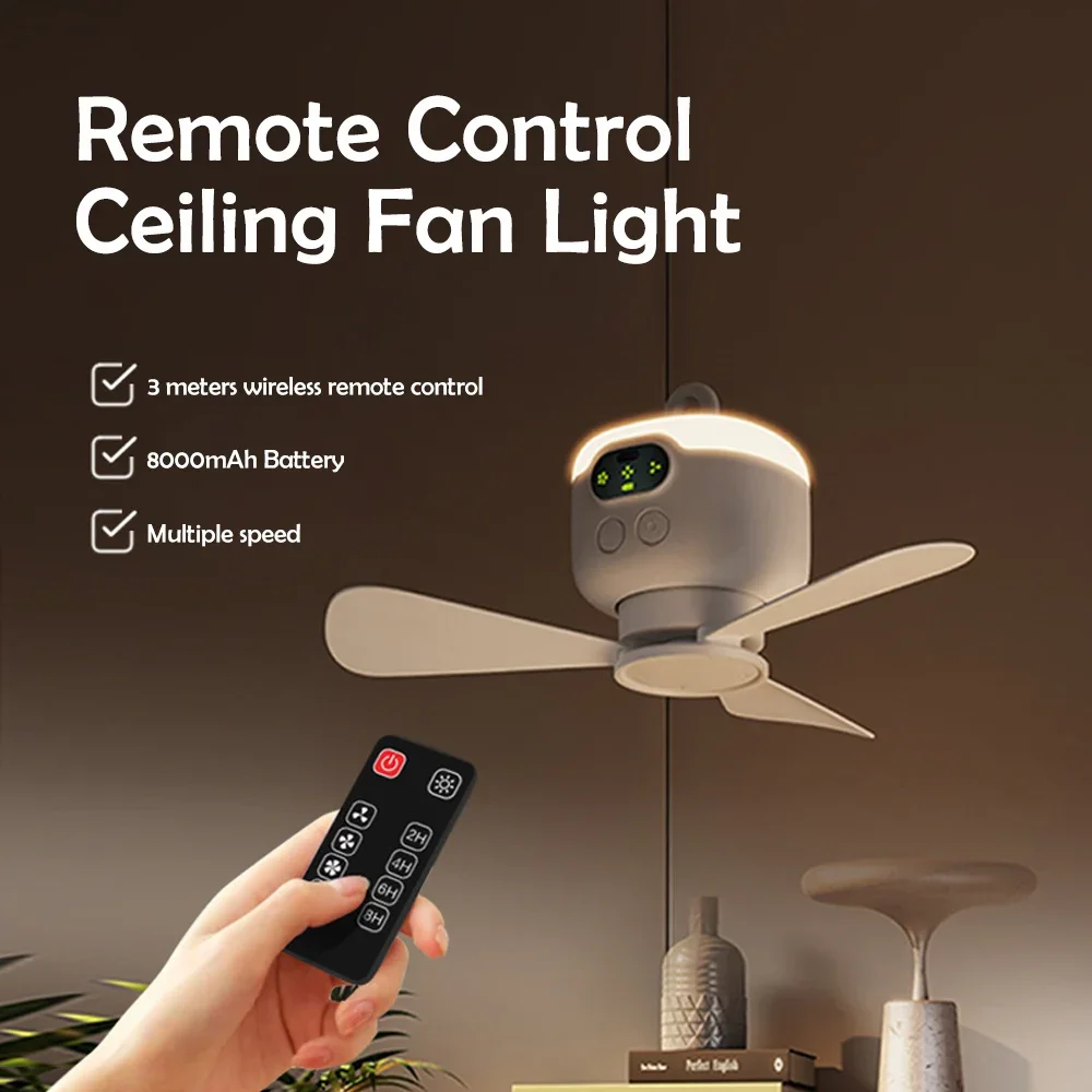USB Rechargeable Mini Ceiling Fan Dormitory Home Remote Control Quietly Ceiling Fan Light Outdoor Camping Fan with Night Light