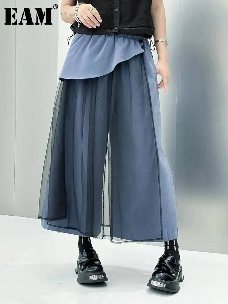 EAM High Elastic Waist Blue Irregular Mesh Spliced Wide Leg Pants New Trousers Women Fashion Tide Autumn 2026 1DJ1338