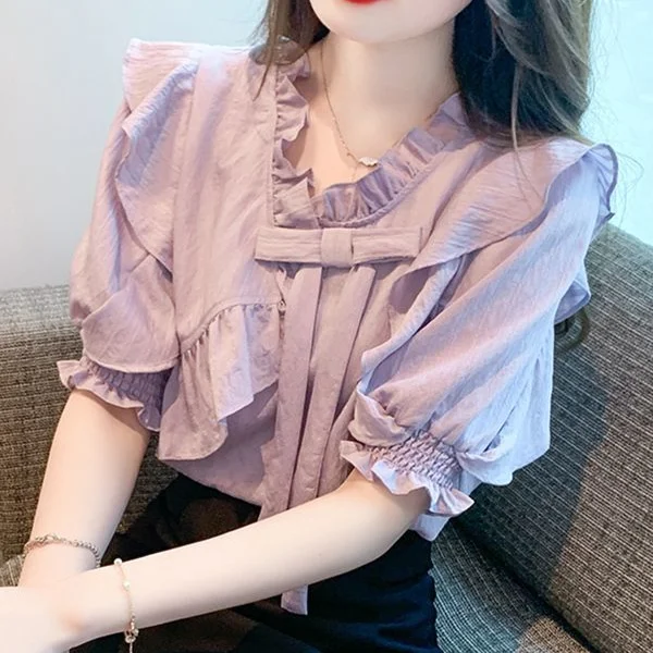 Fashionable Lotus Leaf Collar Bubble Sleeve Chiffon Shirt Women's Summer New Design French  Temperament Small Shirt Top