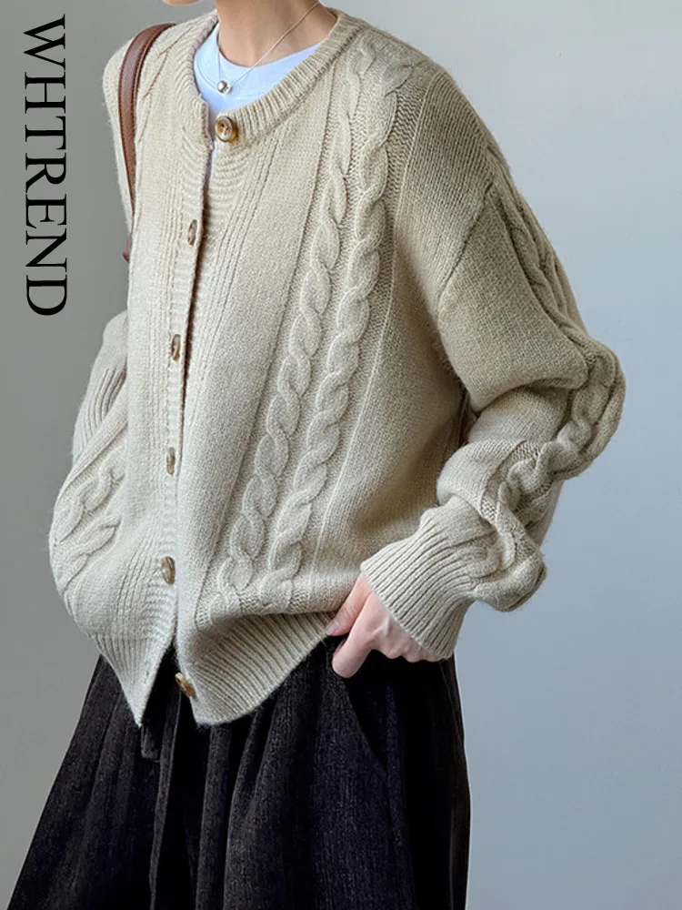 

WHTREND осень-зима новый вязаный свитер для женщин корейский стиль свободный круглый вырез нежный мягкий вязаный кардиган WH1742