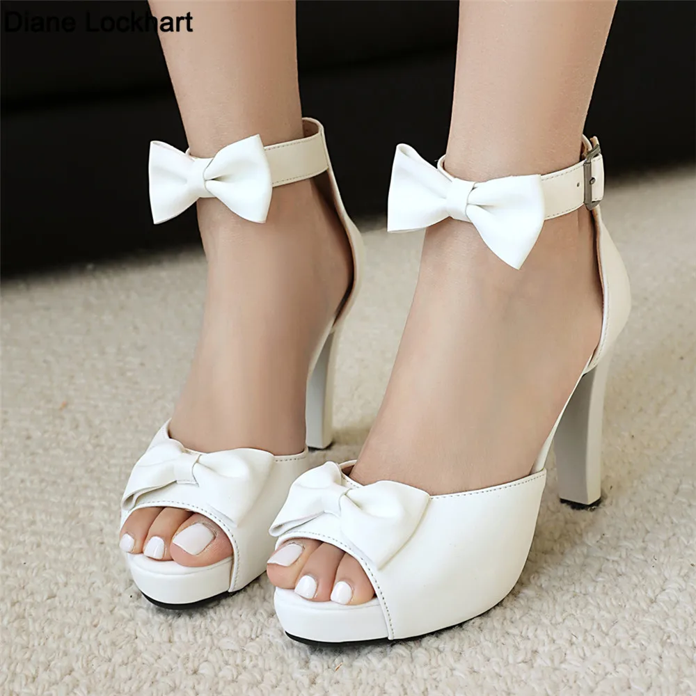 

Summer Bowtie Women Peep toe Platform High heels Sandals Chunky Heel Black Pink Party Office Bridal Sexy Lady Ankle Strap Shoes