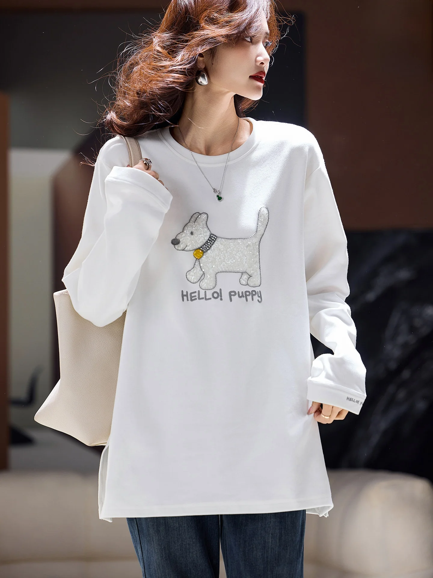 

Утепленная женская зимняя футболка в новом уличном стиле с вышивкой, бисером, полосками, из хлопка, с длинным рукавом и круглым вырезом