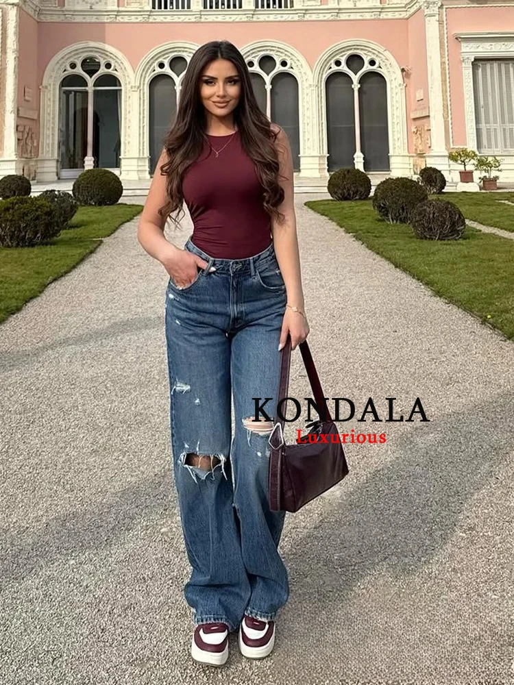 KONDALA 2025 جينز نسائي غير رسمي بثقوب ممزقة من قماش الدنيم موضة عالية الخصر بأزرار ملابس الشارع الشهير سراويل طويلة سراويل نسائية عتيقة