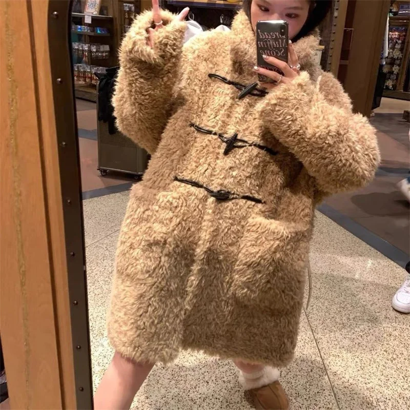 Preto irmão teddy pupu chao couro laço chifre de vaca fivela quente solto imitação lã cordeiro casaco cardigan jaqueta jj770