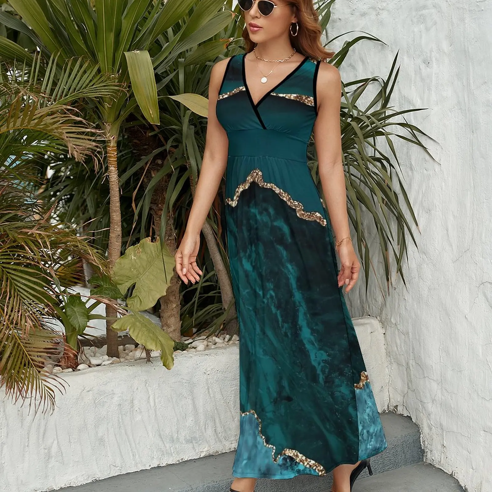 Blue และ Teal หินอ่อนพิมพ์ชุด Streetwear Boho Beach ชุดยาวสตรี Kawaii พิมพ์ Maxi ชุดไอเดียของขวัญ