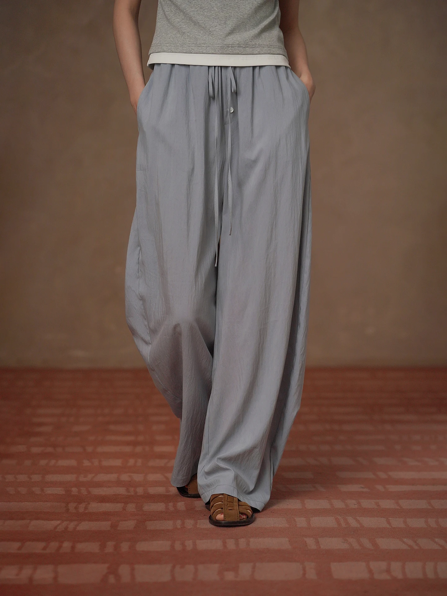Hacikis Miss Soft Lightweight Loose High Waist Slimming Wide Leg Casual Trousers Mixed Fiber Casual Pants High Waist Elastic ...