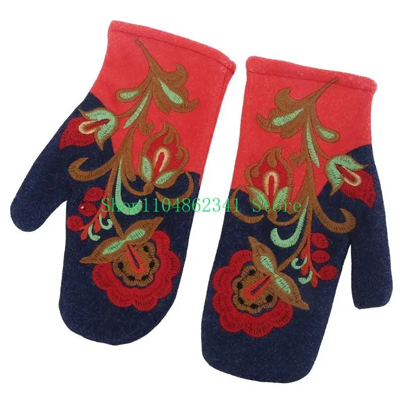 

652F Women Winter Faux Cashmere Warm Full Finger Gloves Floral Embroidery Mittens