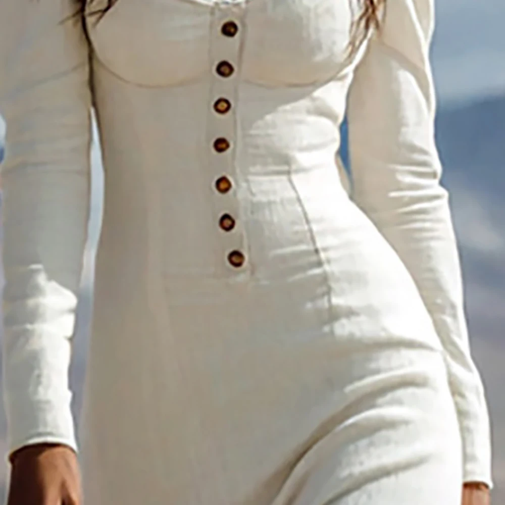 

Women's Western Vintage Square Collar Maxi Dress Solid Button Long Sleeve High Waist Bodycon Dress Autumn Fashion Long Dresses