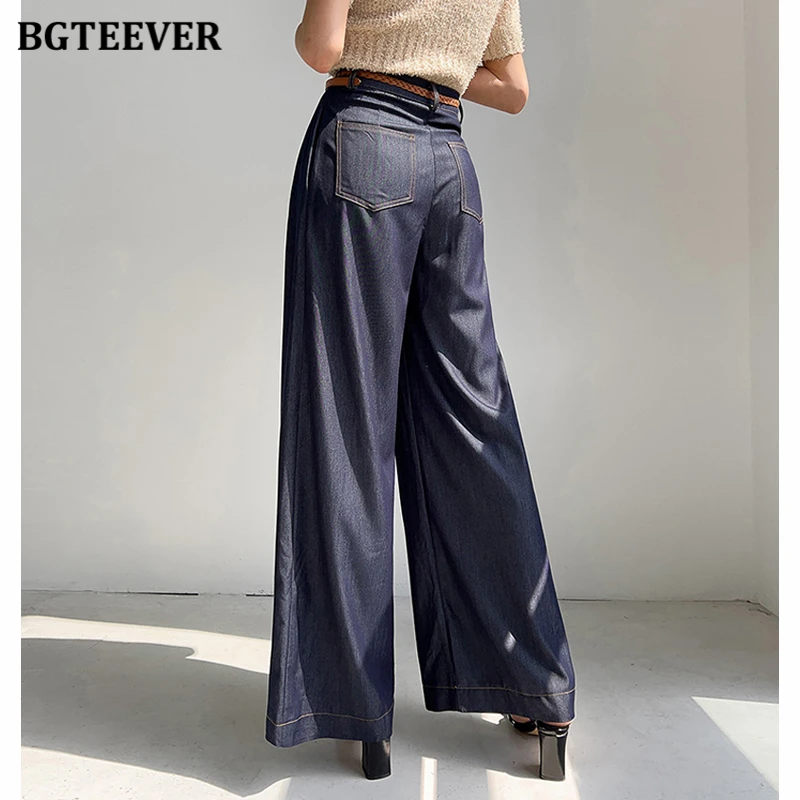 BGTEEVER Elegant High Waist Single Button Ladies Wide Leg Trousers Spring Summer Loose Soft Jeans Pants Women