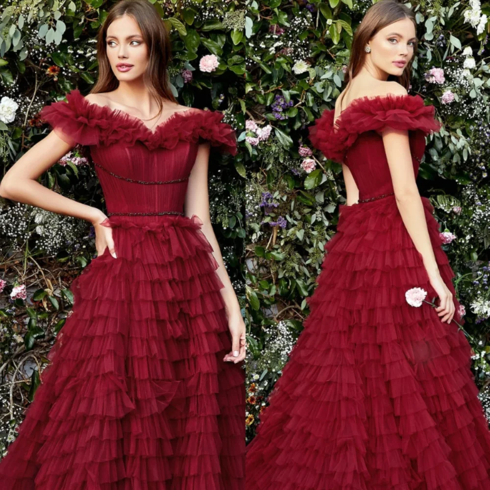 Classic Elegant Tulle Sequined Tiered Draped A-line Off-the-shoulder Long Dresses Evening Dresses Sizes Available Exquisite