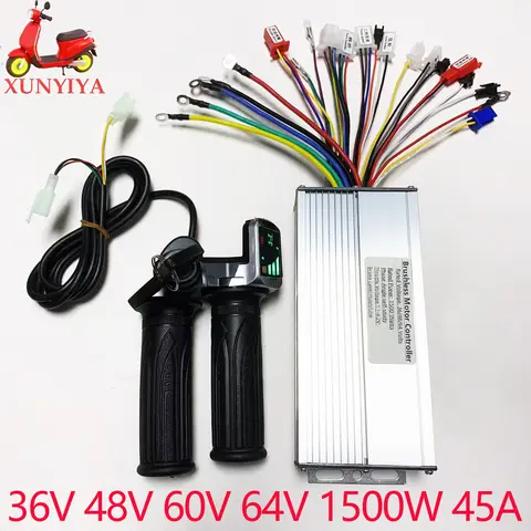 36V 48V 60V 64V 1500W 45A Brushless Motor Controller with LCD Power Display with Lock Throttle Kit for E-Bike Tricycle Repair