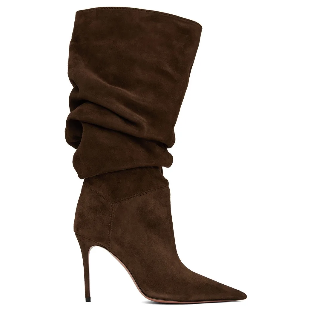 2025 Women\'s Autumn and Winter New Pleated High-heeled Short Boots with Pointed Sleeves, Women\'s 35-47 Large Mid Length Boots