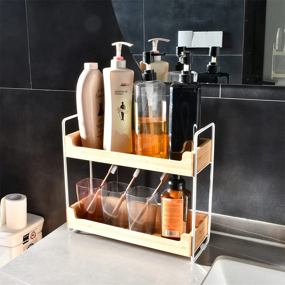 Bamboo Bathroom Rack 2 Tier Countertop Organizer Standing Rack Bathroom Tray Storage Shelf