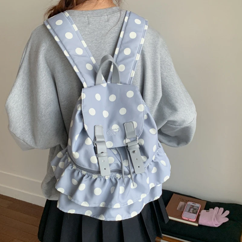 Korean Style Polka Dot Backpack Large Capacity School Bag Cute Sweet Girl Travel Daypack Casual Ruffle Flap Laptop Satchel