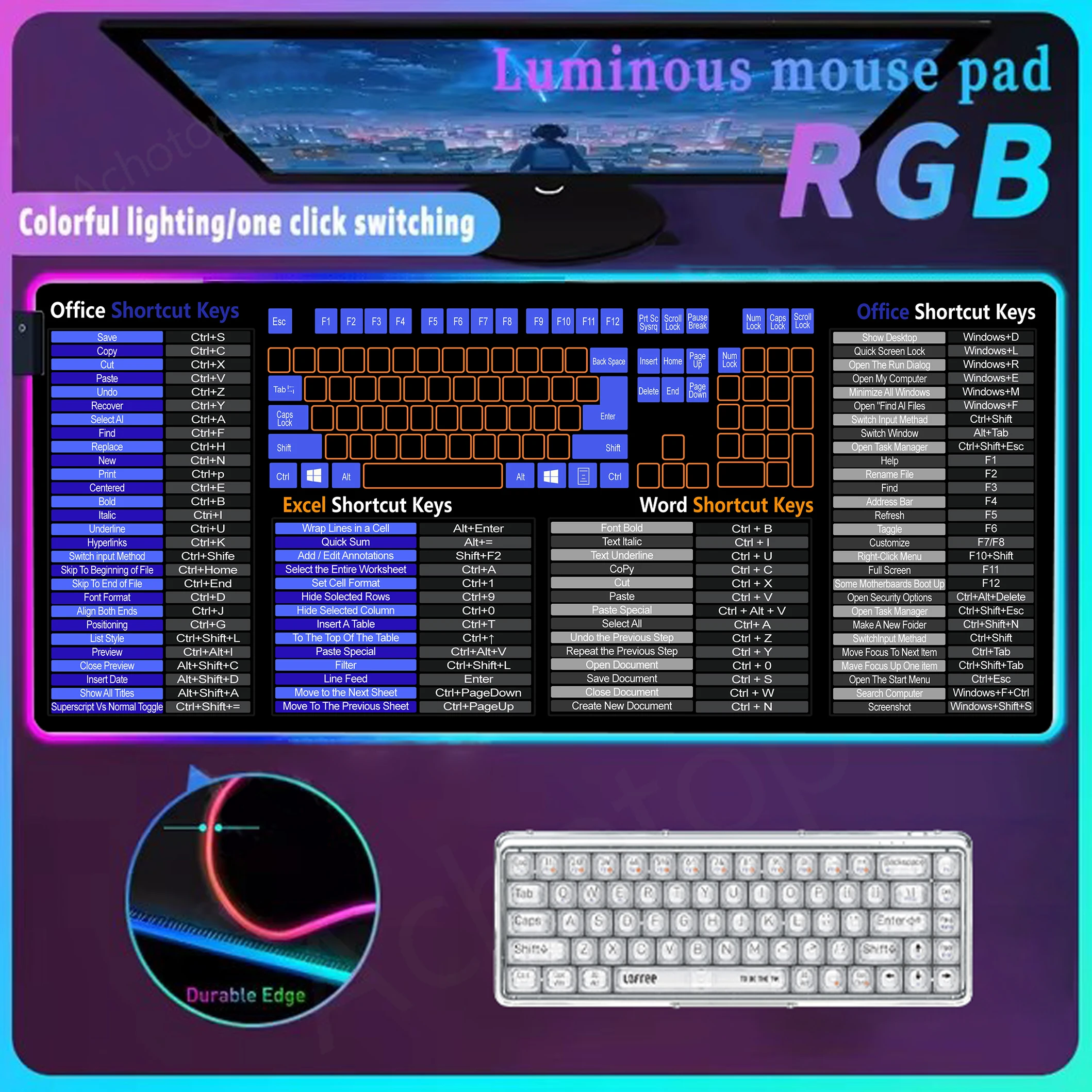 

Office Shortcuts Keys Rgb Mouse Pad Windows Large Extended Pads Led Light Mousepad Gaming Glow Desk Mat With Stitched Edge Rug