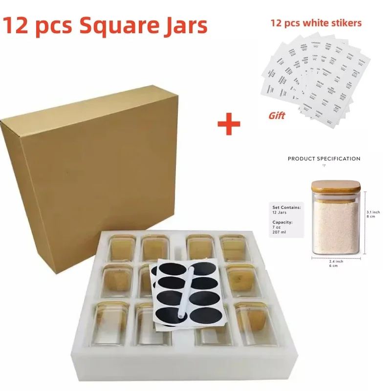 12 Pcs Square or Round Glass Food Storage Containers Glass Seasonning Jars with Bamboo Lid Printed Labels Kitchen Organization