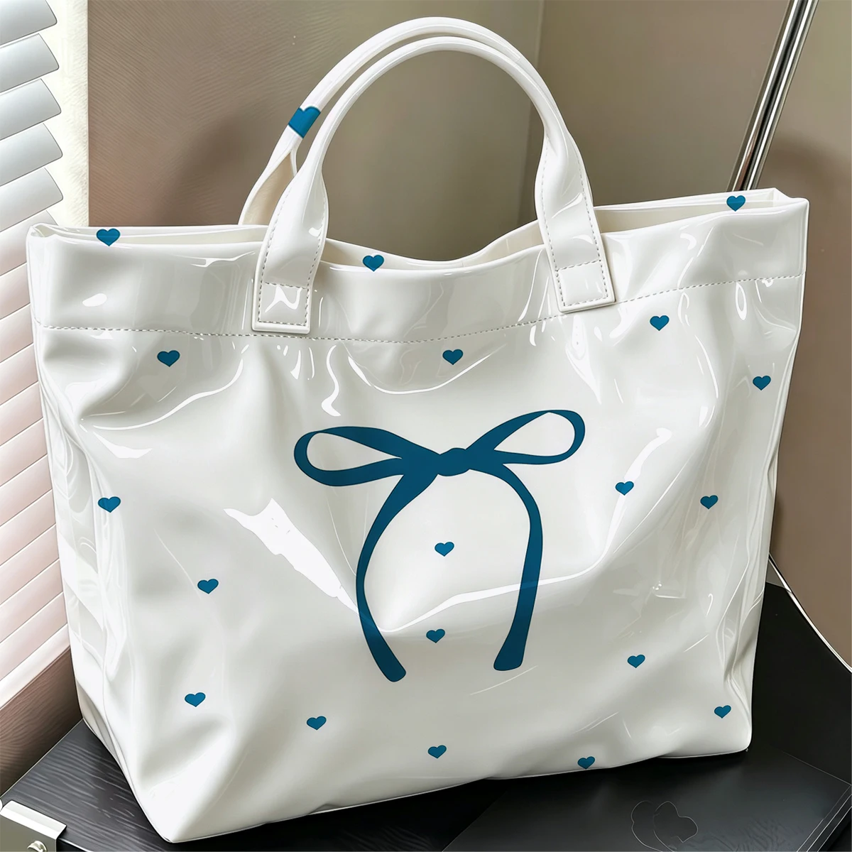Blue Bow Knot Cute Large Glossy PVC Tote Bag Hand Washable Lightweight Soft Great for Travel Commute Makeup Storage Handbags