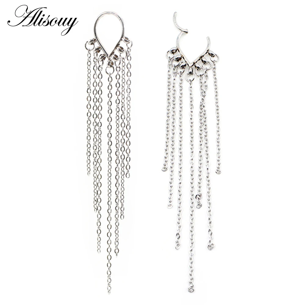 Alisouy 1PC Stainless Steel Water Drop Tassel Chain Clicker Piercing Nose Septum Rings Segment Daith Helix Hoop Nostril Earrings