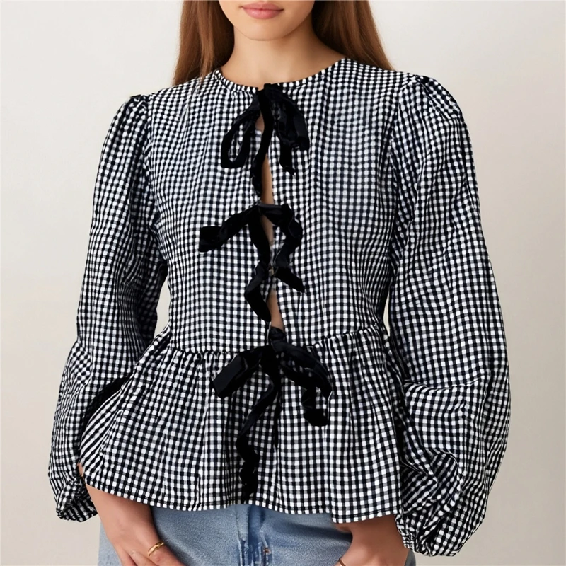 Top scozzesi casual autunnali da donna Manica lunga Girocollo Cravatta sul davanti T-shirt babydoll Camicie e camicette da donna Top femminile elegante