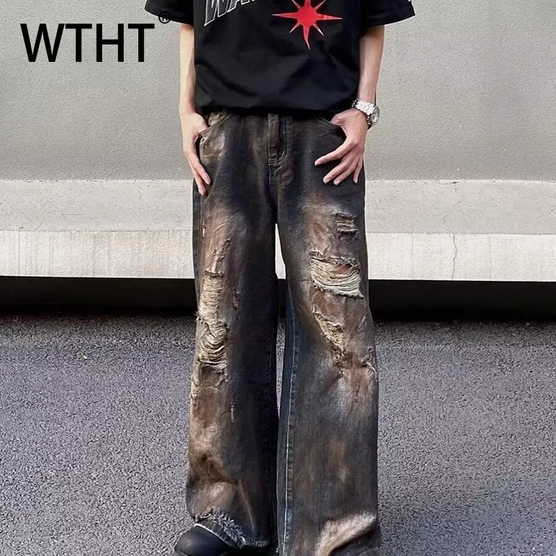 WTHT Vintage Heren Tie-dye Gat Burr Edge Doen Oude Denim Broek Mode Amerikaanse Stijl Rechte Wijde Pijpen Jean Mannelijke 2025 Zomer 2A1116