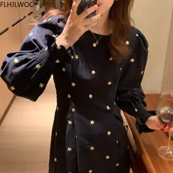 Chic Korean Clothes Design 2022 Women Autumn Winter Basic Wear Cute Elegant Lady Floral Print Retro Vintage Cotton Long Dress