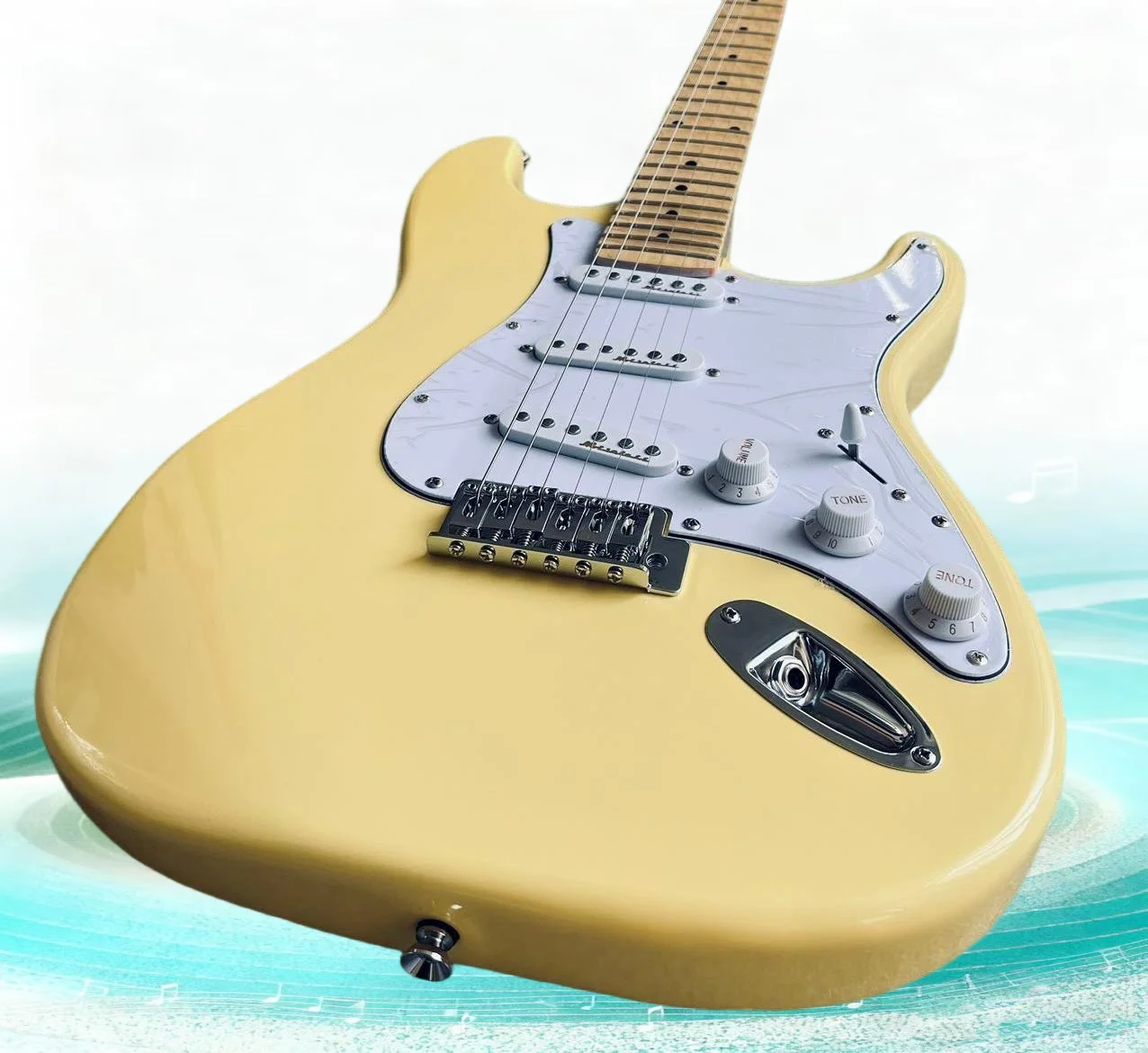 Guitarra Malmsteen de alto rendimiento profesional con diapasón festoneado, pastillas Dimarzio, guitarra de cabeza grande, color amarillo lechoso