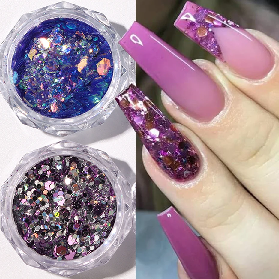 6 Boxes/Set Mixed Reflective Purple Chunky Holographic Nail Glitter Hexagon Powder Pigment Dust Y2K Gorgeous Nail Art Decoration