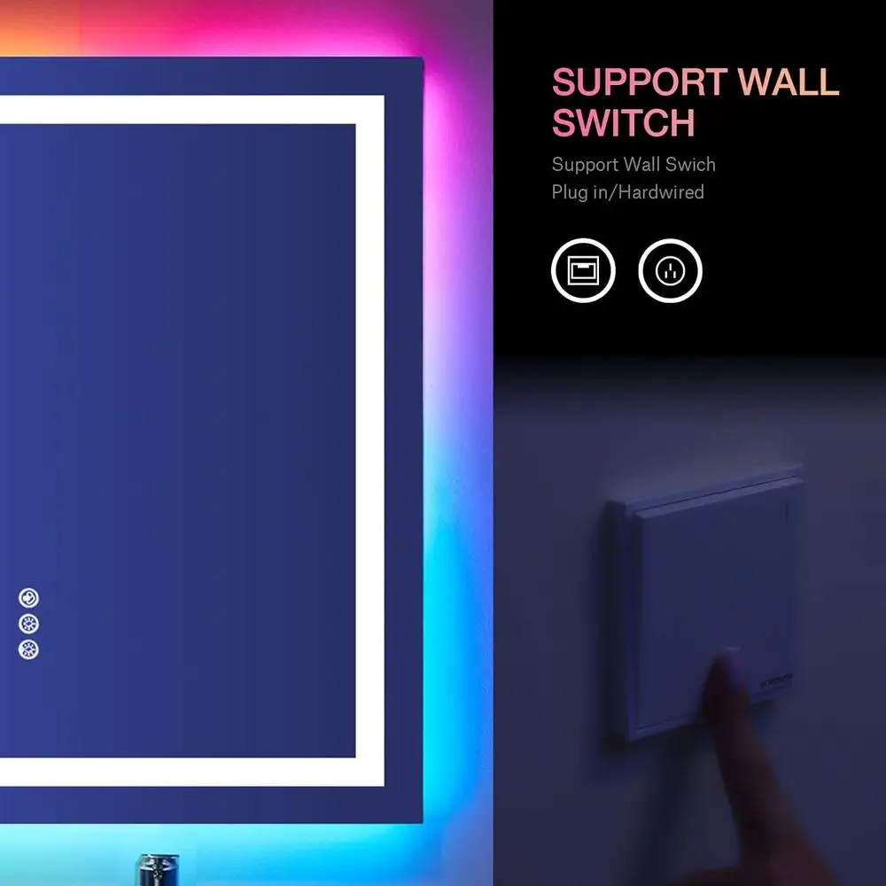 Miroir de salle de bain éclairé par LED, 20x28, antibuée, RGB à intensité variable, vanité frontale en verre trempé étanche
