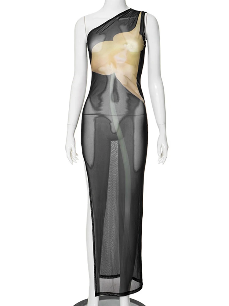 Robe en Maille Transparente Imprimée pour Femme, Sexy, Fente Haute, Slim, Plage, Vacances, Été 2024