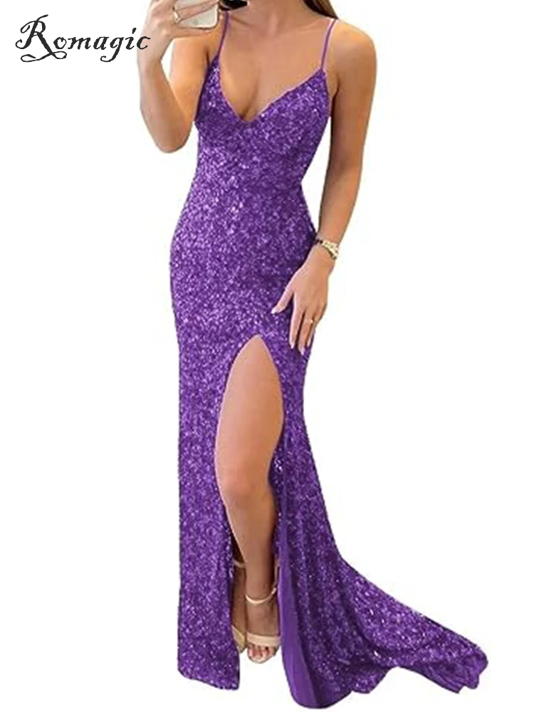 New Royal Blue Sequin Backless Slip Mermaid Long Party Dresses Luxury V Neck Velvet Stretch Slit Sleeveless Cocktail Prom Dress