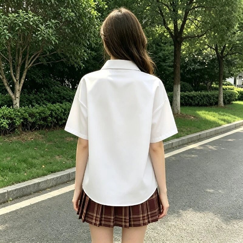 E-BAIHUI Women's Solid Color Shirt Ladies' Turn Down Collar Plaid Tie Short Sleeved Blouse Summer New Version Loose Casual Top