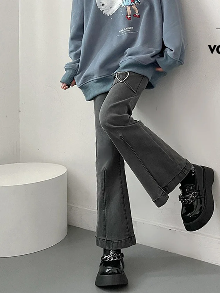 Heart Detail Split Hem Jeans Women Fall High Waist Slim Fit Stretch Flared Pants Vintage Y2K Denim Trousers