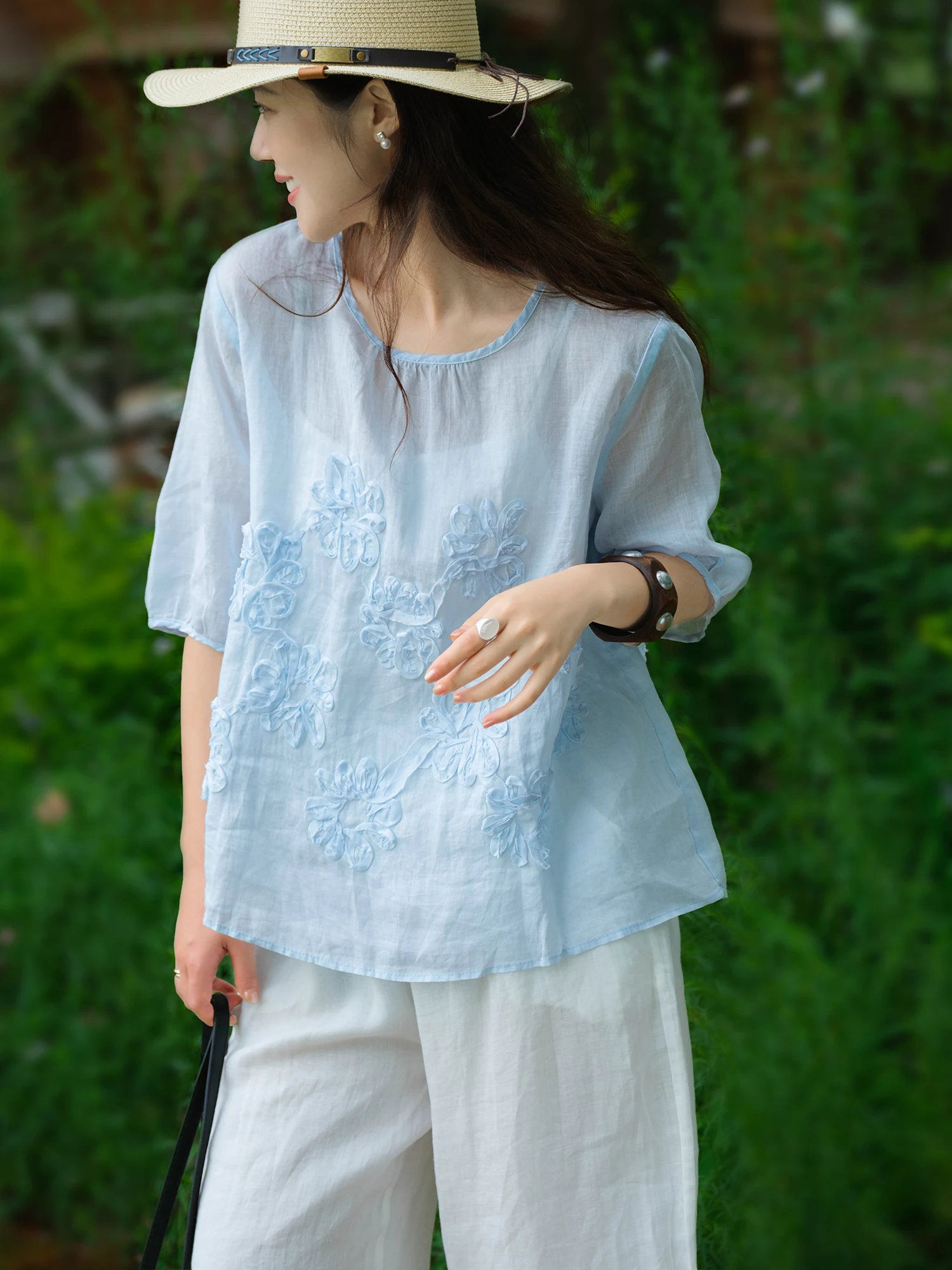Slimming Effect Small Shirt Exquisite Spinning round Neck Heavyweight 3D Die-cutting Flax Lace  Stitching Summer T-shirt